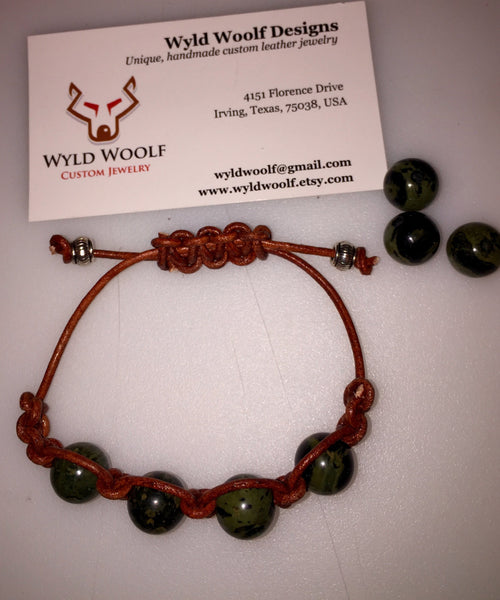 Shambala bracelet, brown leather, African kambaba Jasper, leather bracelet, green gemstone