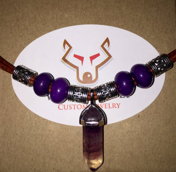 Brown leather choker, Amethyst necklace, purple Chalcedony, beaded necklace