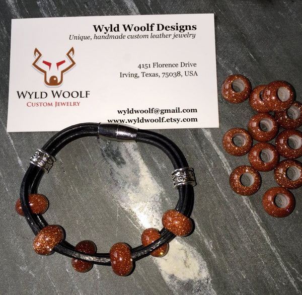 Corded leather bracelet, red Goldstone, semi precious gemstone beads, beautiful unique bracelet