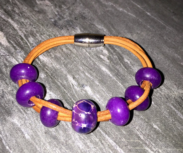 Purple haze Leather bracelet, beautiful chalcedony beads, marble center bead, unique leather bracelet, beautiful striking purple