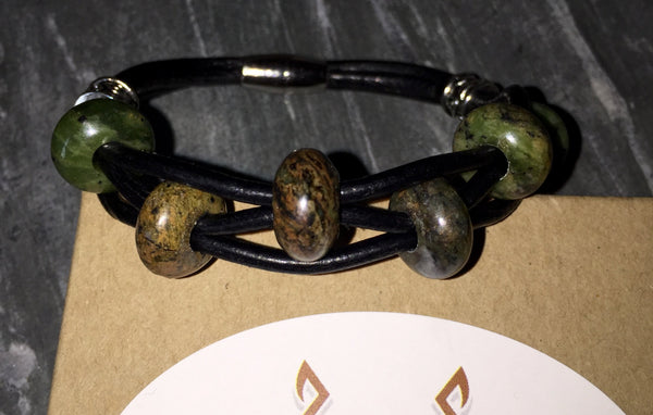 Green Gemstone Bracelet, Aventurine, black leather with natural gem stone beads