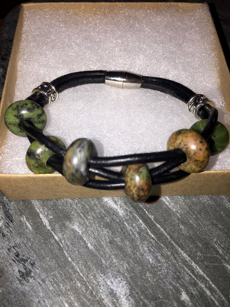 Green Gemstone Bracelet, Aventurine, black leather with natural gem stone beads