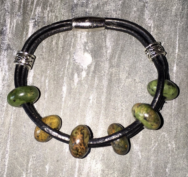 Green Gemstone Bracelet, Aventurine, black leather with natural gem stone beads