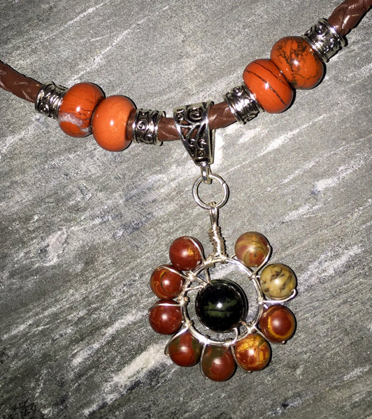 Brown Leather, Pendant choker, jasper and turquoise, with natural gemstones,