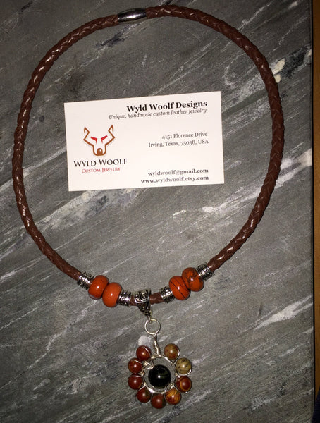 Brown Leather, Pendant choker, jasper and turquoise, with natural gemstones,