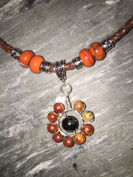 Brown Leather, Pendant choker, jasper and turquoise, with natural gemstones,