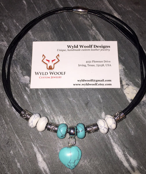 Choker, necklace, love heart pendant, turquoise and white howlite, black leather cord