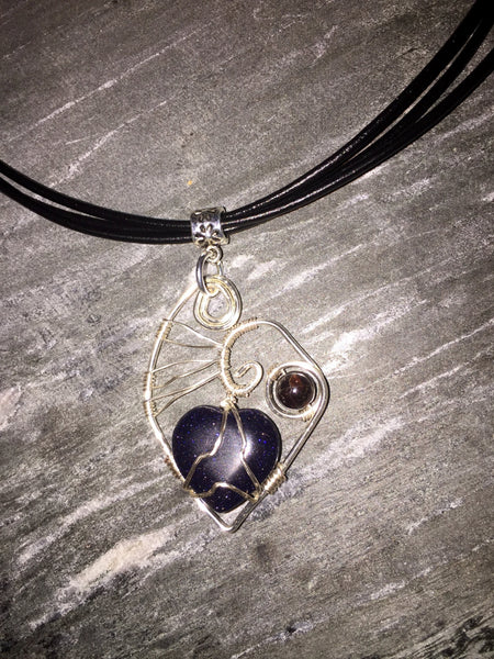 Choker necklace, leather cord, heart design pendant, wire wrapped, with gemstone adornments