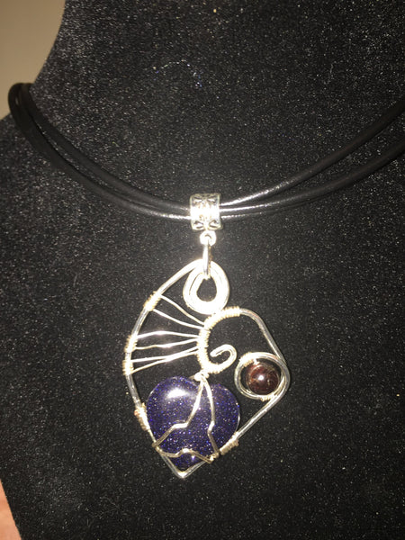 Choker necklace, leather cord, heart design pendant, wire wrapped, with gemstone adornments