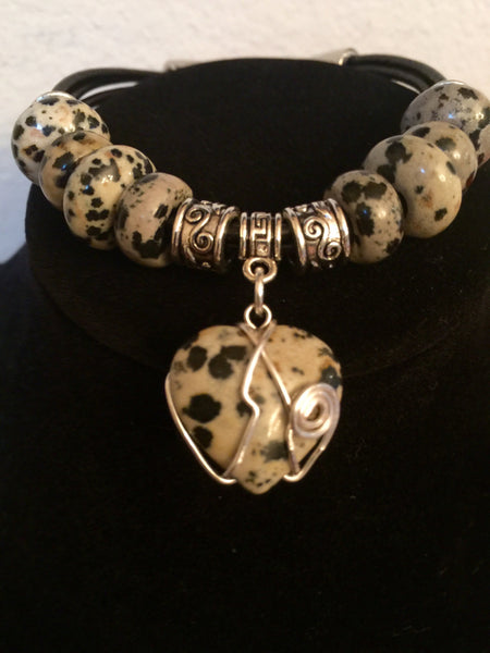 Leopard Jasper Bracelet, black leather, heart charm, cord leather