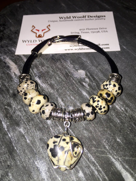 Leopard Jasper Bracelet, black leather, heart charm, cord leather