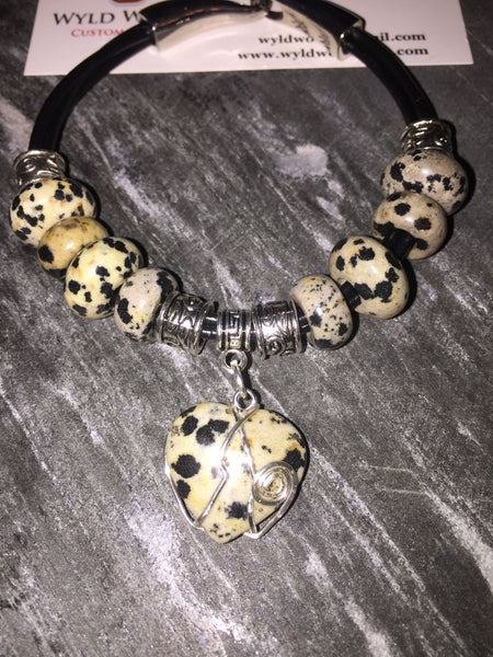 Leopard Jasper Bracelet, black leather, heart charm, cord leather