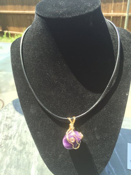 Gemstone pendant, Amethyst, hand wire wrapped, on simple leather necklace