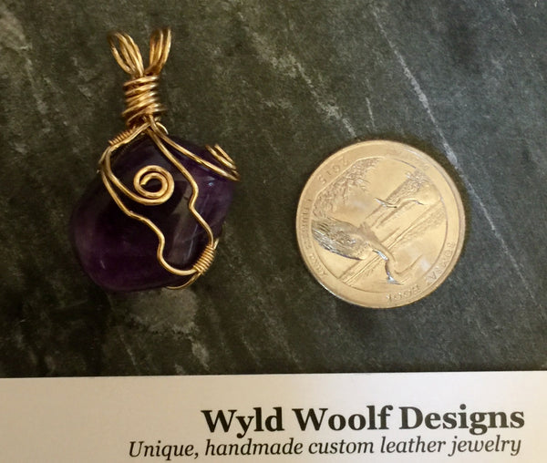 Gemstone pendant, Amethyst, hand wire wrapped, on simple leather necklace