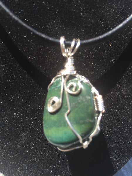 Jade wrapped pendant, wire wrapped gemstone, handmade, on simple leather necklace