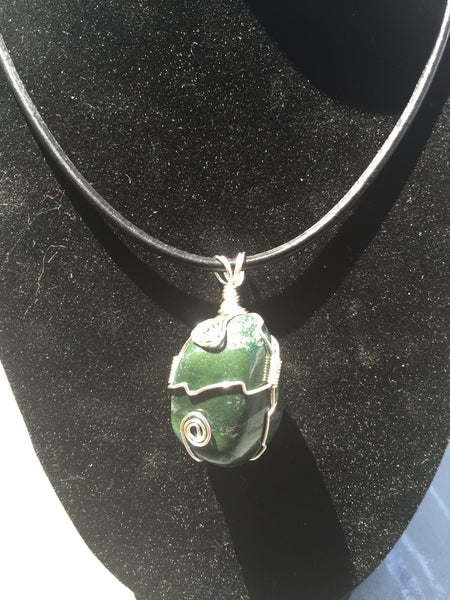 Jade wrapped pendant, wire wrapped gemstone, handmade, on simple leather necklace