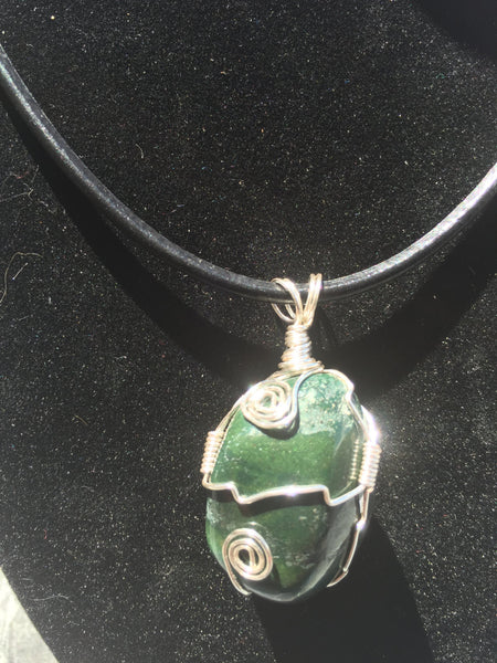 Jade wrapped pendant, wire wrapped gemstone, handmade, on simple leather necklace