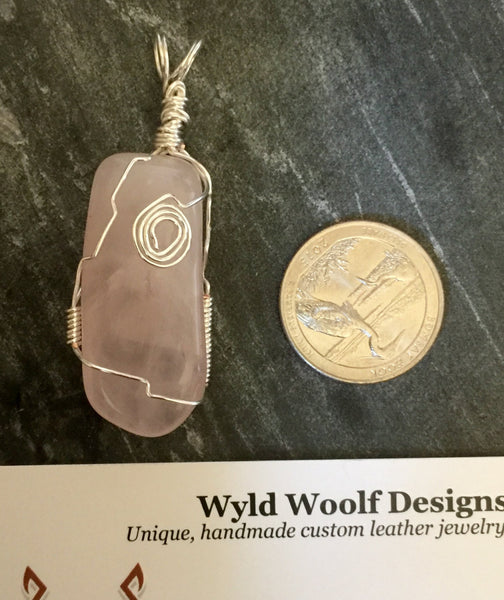 Snow quartz crystal, wrapped pendant, quartz gemstone, hand wire wrapped, on simple leather necklace