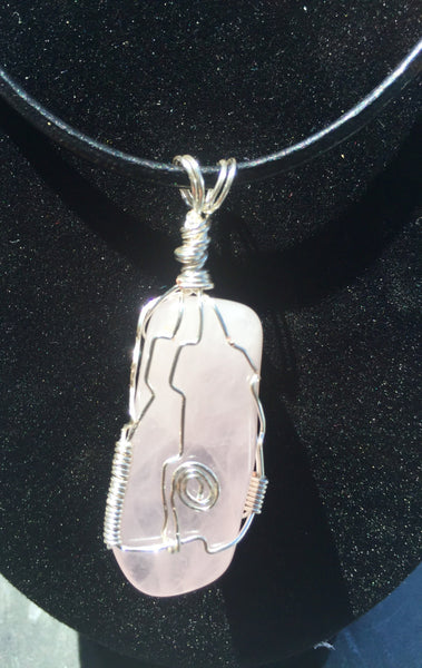 Snow quartz crystal, wrapped pendant, quartz gemstone, hand wire wrapped, on simple leather necklace