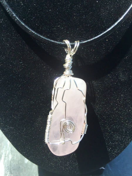 Snow quartz crystal, wrapped pendant, quartz gemstone, hand wire wrapped, on simple leather necklace