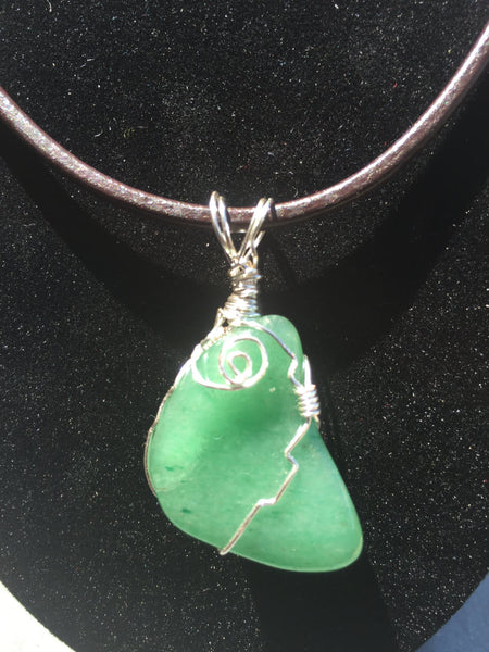 Aventurine stone, wire wrapped pendant, green aventurine gemstone, hand wire wrapped, on simple leather necklace