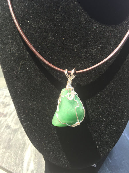 Aventurine stone, wire wrapped pendant, green aventurine gemstone, hand wire wrapped, on simple leather necklace