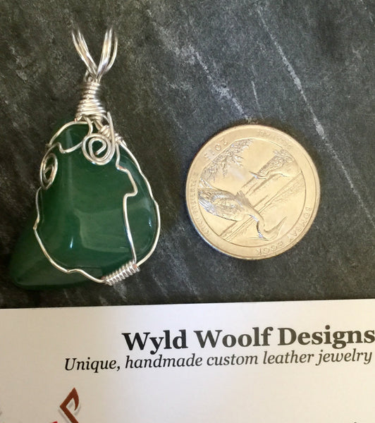 Aventurine stone, wire wrapped pendant, green aventurine gemstone, hand wire wrapped, on simple leather necklace