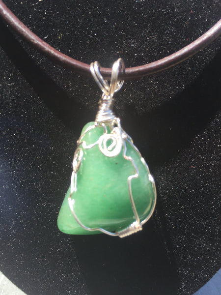 Aventurine stone, wire wrapped pendant, green aventurine gemstone, hand wire wrapped, on simple leather necklace