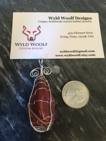 Red Jasper stone, cage wire wrapped pendant, natural polished gemstone, hand wire wrapped, on simple leather necklace