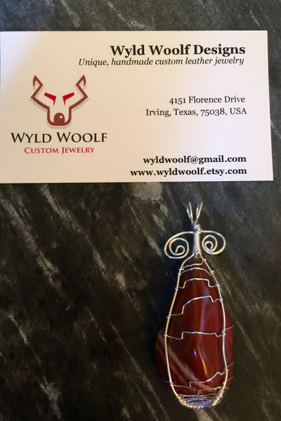 Red Jasper stone, cage wire wrapped pendant, natural polished gemstone, hand wire wrapped, on simple leather necklace