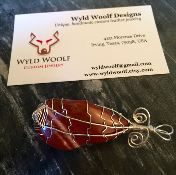 Red Jasper stone, cage wire wrapped pendant, natural polished gemstone, hand wire wrapped, on simple leather necklace