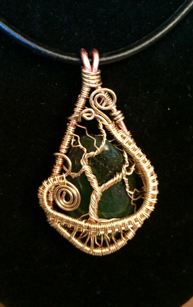 Necklace, Jade wrapped pendant, tree of life design, handmade, on simple leather necklace