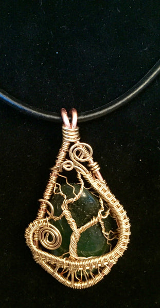 Necklace, Jade wrapped pendant, tree of life design, handmade, on simple leather necklace