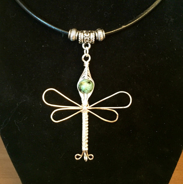 Dragonfly pendant, leather cord necklace, wire wrapped, turquoise gemstone bead detail. Handmade gift and unique look.