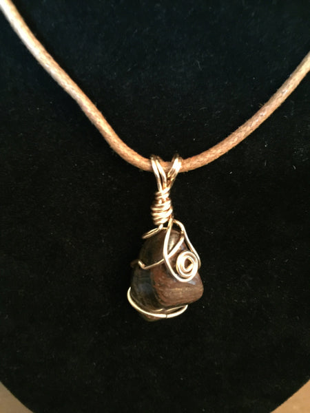 Mahogany Obsidian stone, wrapped pendant, wrapped gemstone, on light brown waxed cord adjustable necklace