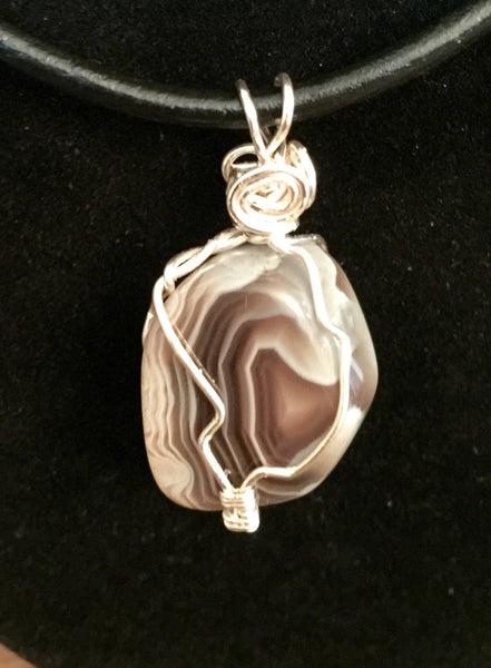 Grey Agate stone, wrapped pendant, polished natural gemstone, on light brown waxed cord adjustable necklace