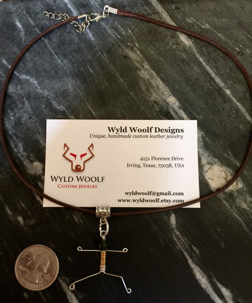 Small Yoga warrior II pose, pendant on brown waxed cord adjustable necklace