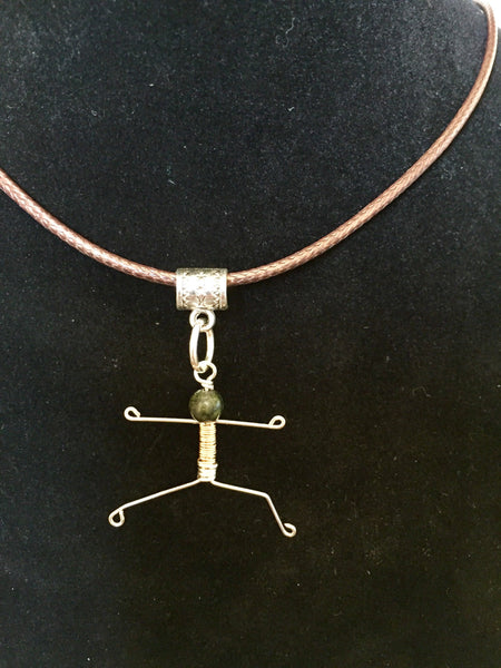 Small Yoga warrior II pose, pendant on brown waxed cord adjustable necklace