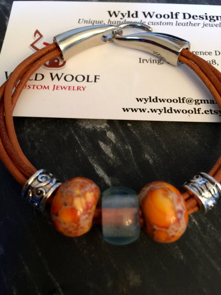 Leather cord bracelet, Boho natural leather, beaded orange marble and natural quartz center piece,