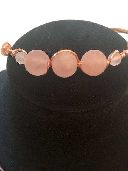 Leather boho friendship bracelet, pretty Rose Quartz gemstone beads, natural leather and copper