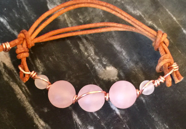 Leather boho friendship bracelet, pretty Rose Quartz gemstone beads, natural leather and copper