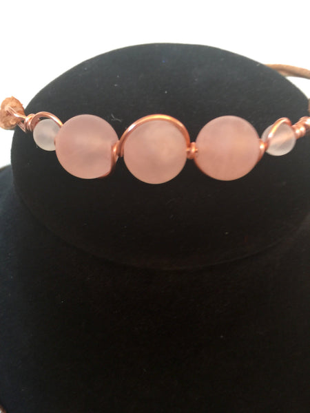 Leather boho friendship bracelet, pretty Rose Quartz gemstone beads, natural leather and copper