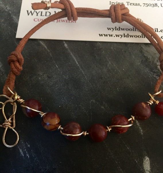 Leather boho bracelet, Picture Jasper gemstone beads, natural leather and copper