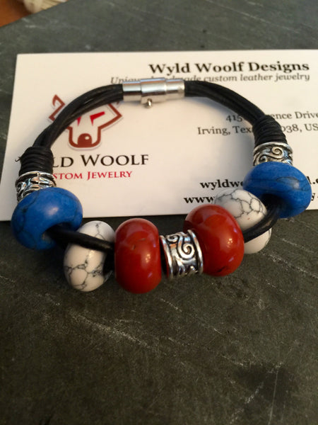 Patriotic leather cord bracelet, black leather, red white and blue, Jasper, Howlite and Royal blue Malachite gemstone beads,