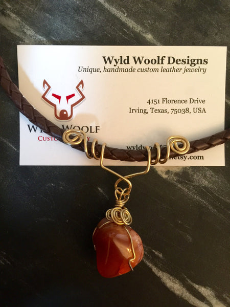 Leather choker, braided brown necklace, orange red Carnelian stone, copper wrapped with hook and eye fastener