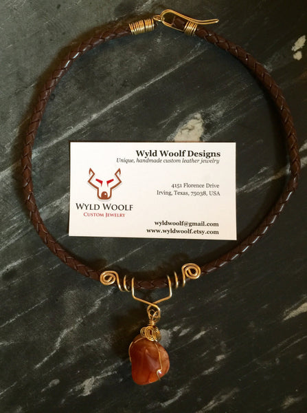 Leather choker, braided brown necklace, orange red Carnelian stone, copper wrapped with hook and eye fastener