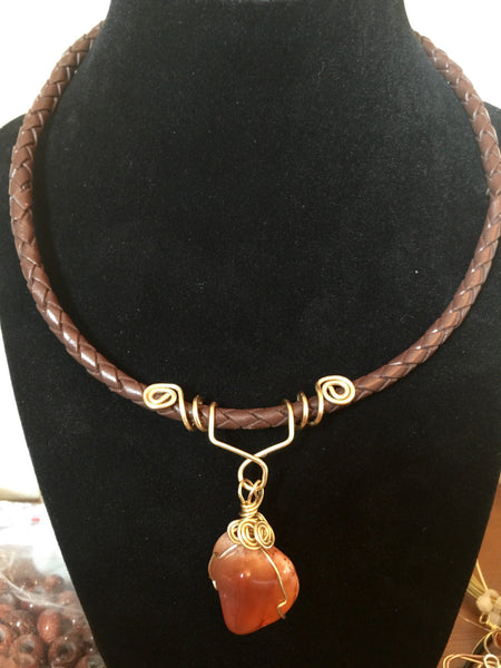 Leather choker, braided brown necklace, orange red Carnelian stone, copper wrapped with hook and eye fastener