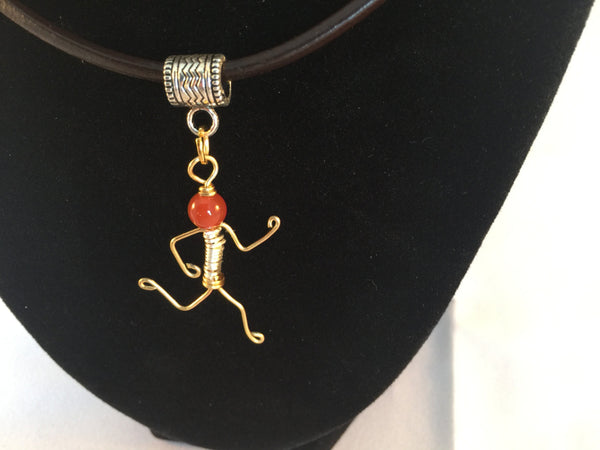 Running figure, red Carnelian bead, choker pendant, leather choker with magnetic clasp. Handmade pendant for runners.