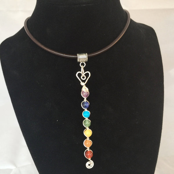 Chakra choker, gemstone chakra pendant on leather cord necklace with magnetic fastener. 7 Chakra beads.