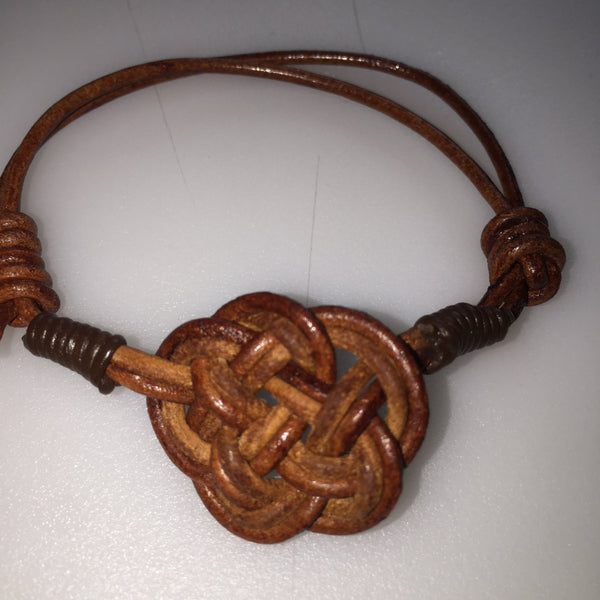 Celtic Cloud, knot bracelet, two tone, leather cord, hand tied